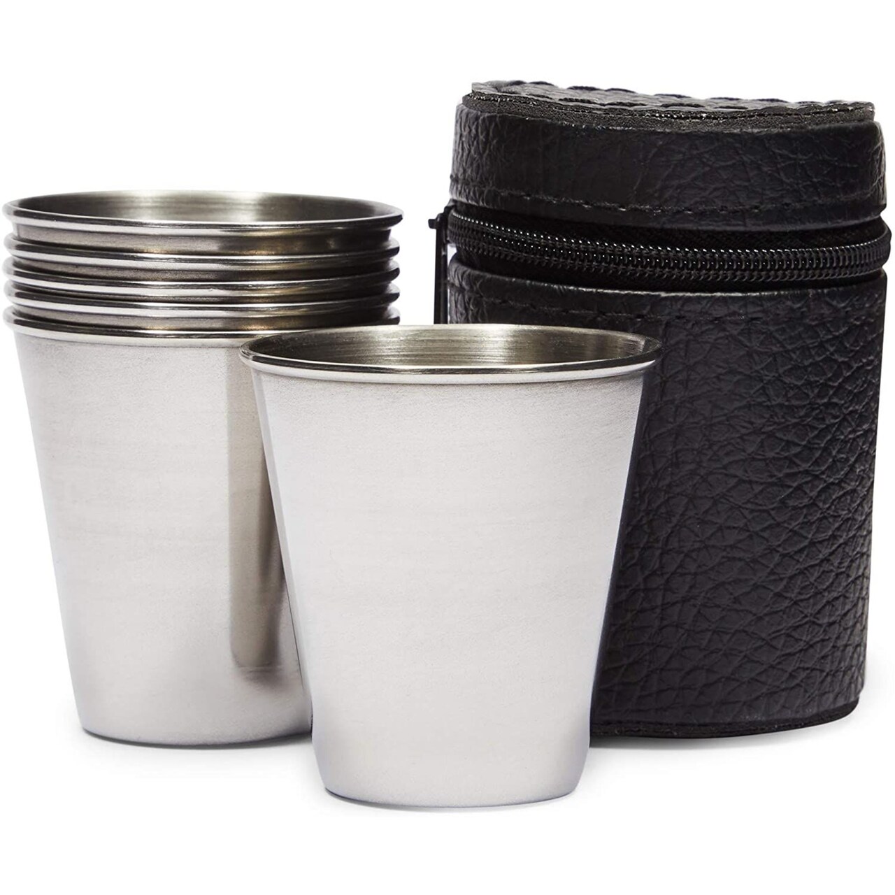 6-Pack Stainless Steel Shot Glasses with Leather Case, Metal Shooters for Whiskey, Tequila, and Other Liquor (2 oz)